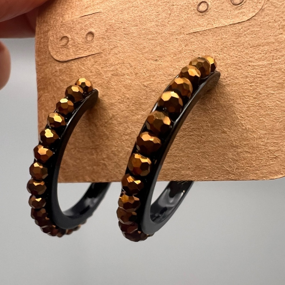 Premier Designs Gold and Black hoop Faceted Earrings - Picture 2 of 4